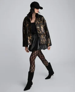 Animal Foiled Satin Lightweight Seamed Puffer Jacket><noscript><img width=