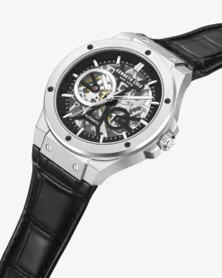 Automatic Stainless Steel Watch with Leather Strap><noscript><img width=