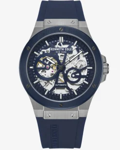 Automatic Two-Tone Gunmetal Stainless Steel Watch with Blue Leather Strap>Kenneth Cole Hot