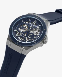 Automatic Two-Tone Gunmetal Stainless Steel Watch with Blue Leather Strap><noscript><img width=