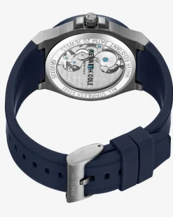Automatic Two-Tone Gunmetal Stainless Steel Watch with Blue Leather Strap><noscript><img width=