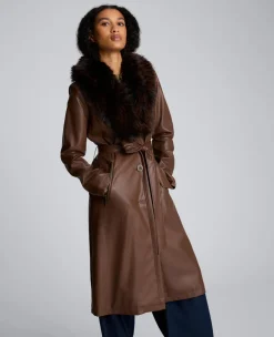 Belted Faux Leather Trench Coat with Faux Fur Collar>Kenneth Cole Outlet