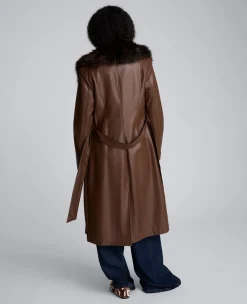 Belted Faux Leather Trench Coat with Faux Fur Collar><noscript><img width=