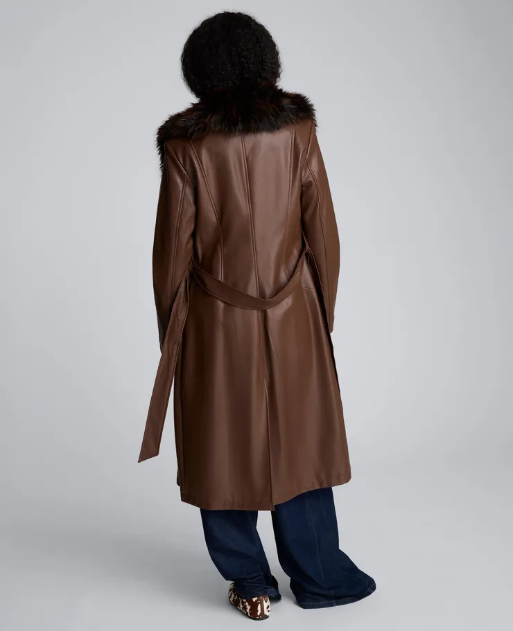 Belted Faux Leather Trench Coat with Faux Fur Collar>Kenneth Cole Outlet