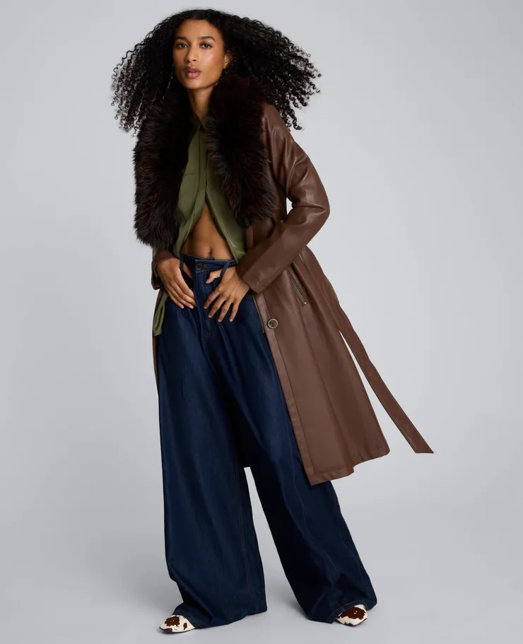 Belted Faux Leather Trench Coat with Faux Fur Collar>Kenneth Cole Outlet