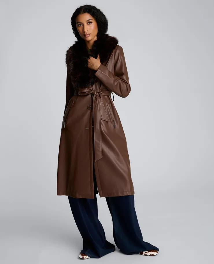Belted Faux Leather Trench Coat with Faux Fur Collar>Kenneth Cole Outlet