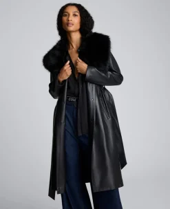 Belted Faux Leather Trench Coat with Faux Fur Collar>Kenneth Cole New