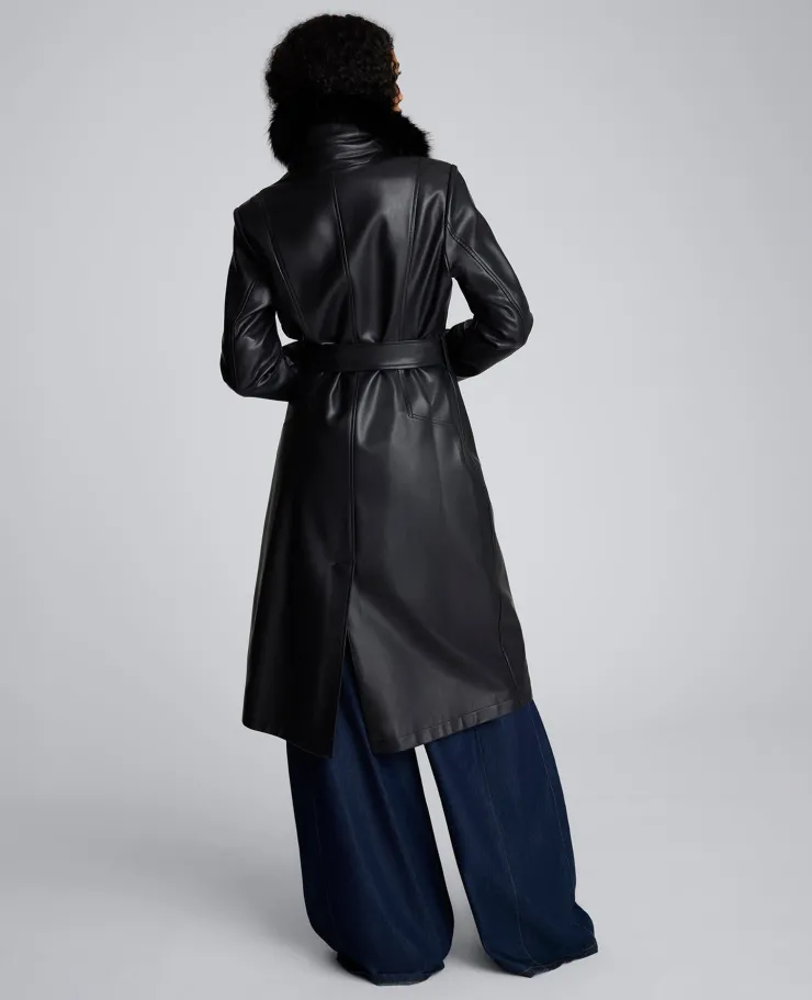 Belted Faux Leather Trench Coat with Faux Fur Collar>Kenneth Cole New