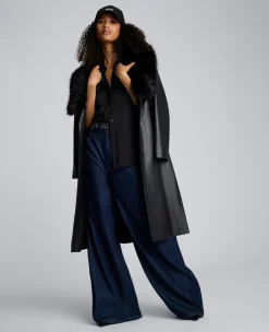 Belted Faux Leather Trench Coat with Faux Fur Collar><noscript><img width=