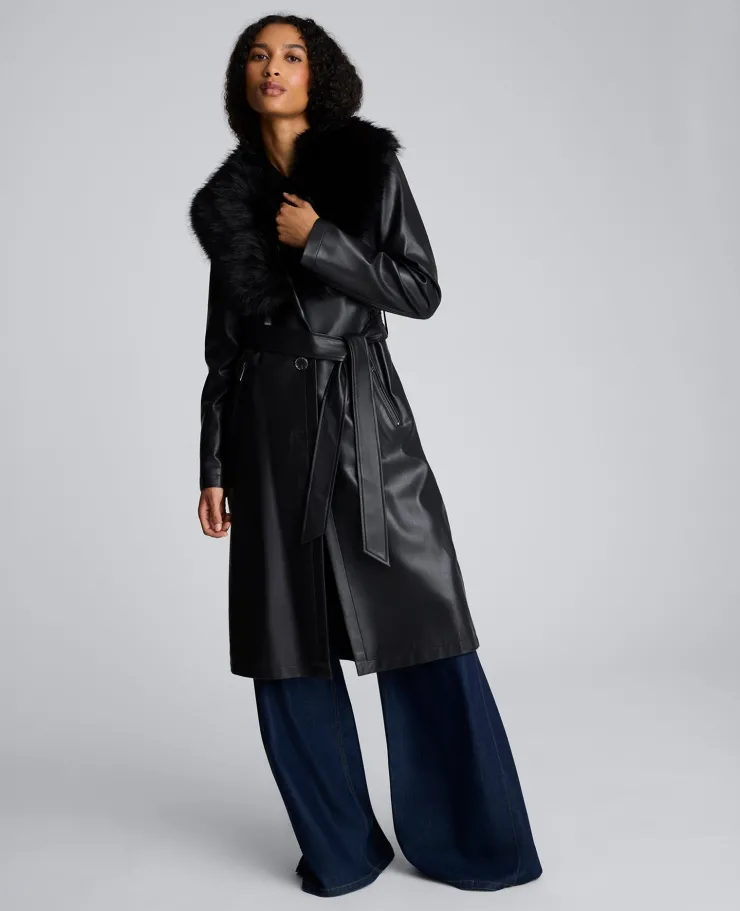Belted Faux Leather Trench Coat with Faux Fur Collar>Kenneth Cole New