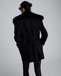 Belted Jacket With Faux Fur Collar><noscript><img width=