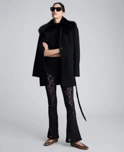 Belted Jacket With Faux Fur Collar><noscript><img width=
