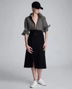Boiled Wool Asymmetrical Slit Midi Skirt><noscript><img width=