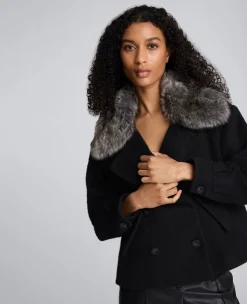 Brushed Wool Removeable Faux Fur Collar Cropped Peacoat><noscript><img width=