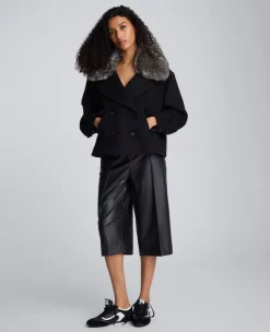 Brushed Wool Removeable Faux Fur Collar Cropped Peacoat><noscript><img width=