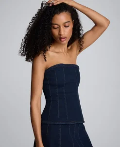 Denim Bustier Top with Smocking><noscript><img width=