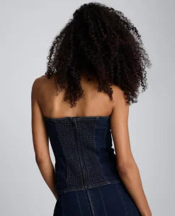 Denim Bustier Top with Smocking><noscript><img width=