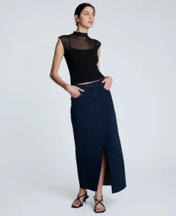 Denim Fly Front 4-Pocket Maxi Skirt With Fray Hem><noscript><img width=