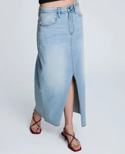 Denim Fly Front 4-Pocket Maxi Skirt With Fray Hem><noscript><img width=