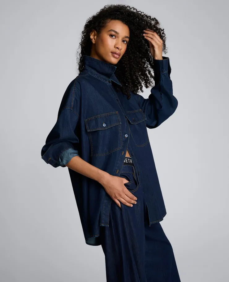 Drapey Denim Button Up Oversized Shirt>Kenneth Cole Clearance