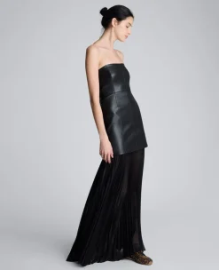 Faux Leather Mixed Media Pleated Maxi Dress><noscript><img width=