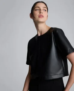 Faux Leather Short Sleeve Cropped Tee>Kenneth Cole Online