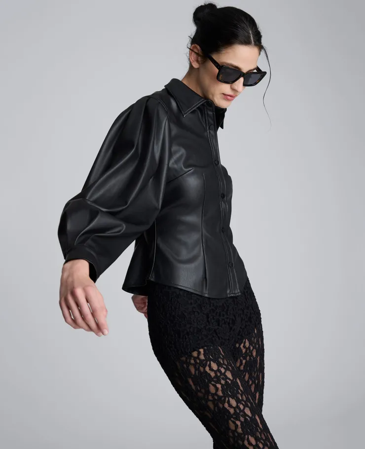 Faux Leather Snap Front Pleated Long Sleeve Fitted Shirt>Kenneth Cole Discount