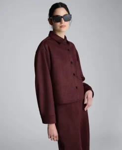 Faux Suede Button Front Cropped Knit Shirt><noscript><img width=