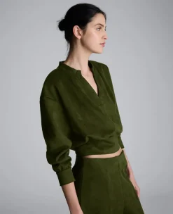 Faux Suede Shoulder Pleated Long Sleeve Knit Pullover>Kenneth Cole Hot