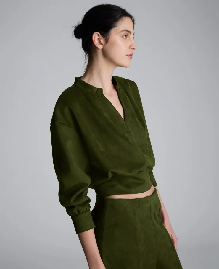 Faux Suede Shoulder Pleated Long Sleeve Knit Pullover>Kenneth Cole Hot