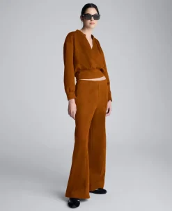 Faux Suede Shoulder Pleated Long Sleeve Knit Pullover><noscript><img width=