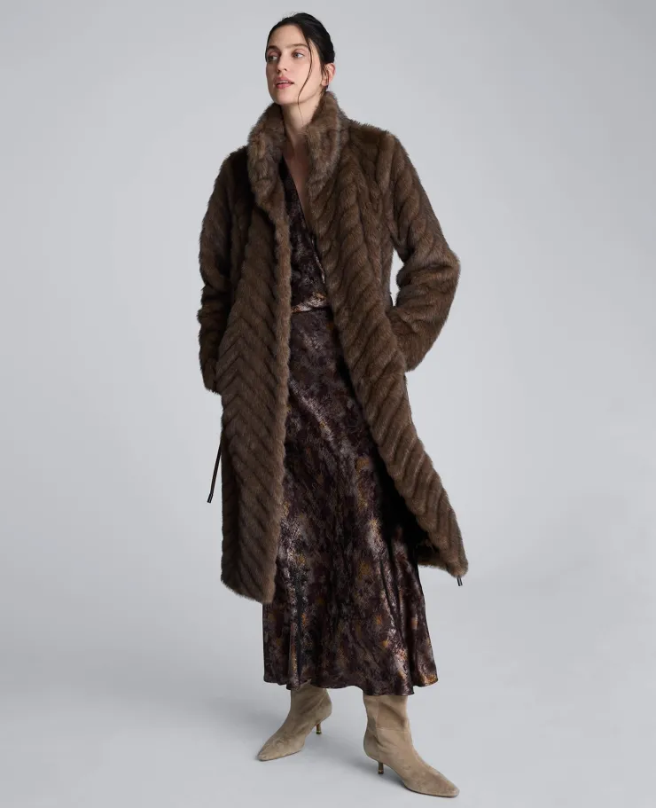 Grooved Faux Fur Coat with Tie Belt>Kenneth Cole Best