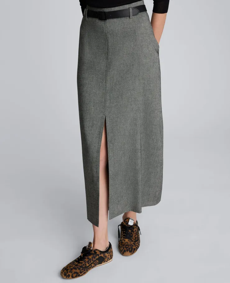 Herringbone Slit Front Belted Midi Skirt>Kenneth Cole Best