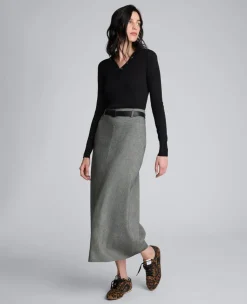 Herringbone Slit Front Belted Midi Skirt><noscript><img width=