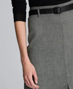 Herringbone Slit Front Belted Midi Skirt><noscript><img width=
