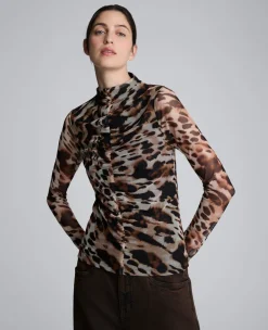 Long Sleeve Animal Printed Center Front Turtleneck Knit Ruched Top>Kenneth Cole
