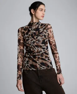Long Sleeve Animal Printed Center Front Turtleneck Knit Ruched Top><noscript><img width=