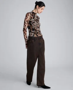 Long Sleeve Animal Printed Center Front Turtleneck Knit Ruched Top><noscript><img width=