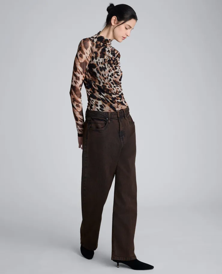 Long Sleeve Animal Printed Center Front Turtleneck Knit Ruched Top>Kenneth Cole