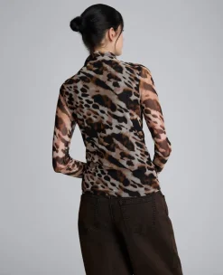 Long Sleeve Animal Printed Center Front Turtleneck Knit Ruched Top><noscript><img width=