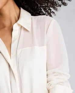 Long Sleeve Button Front Sheer Detail Woven Shirt><noscript><img width=