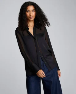 Long Sleeve Button Front Sheer Detail Woven Shirt>Kenneth Cole New