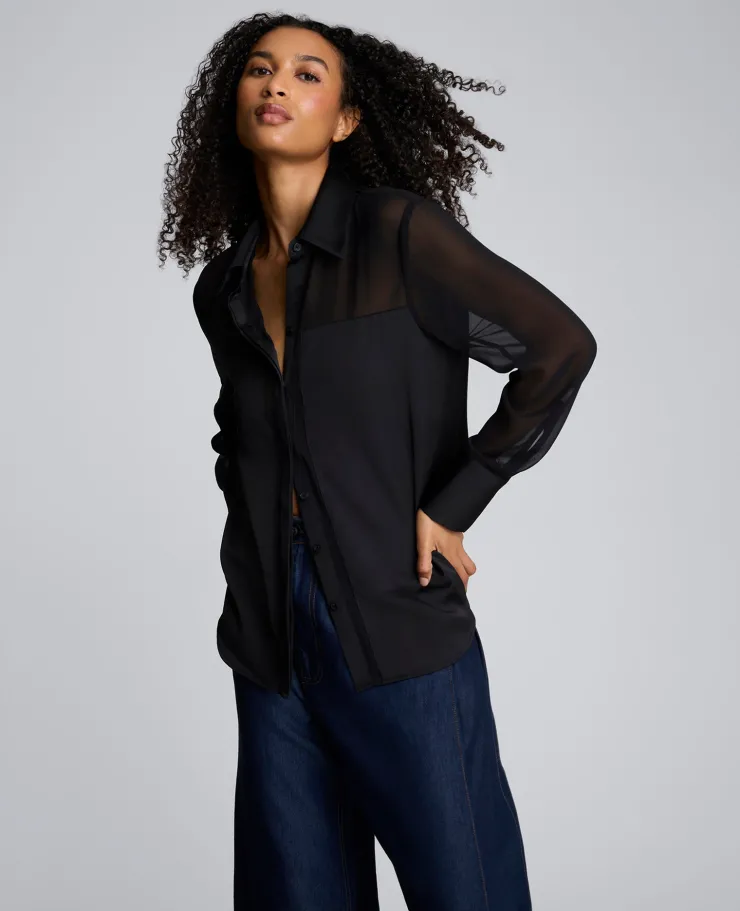 Long Sleeve Button Front Sheer Detail Woven Shirt>Kenneth Cole New