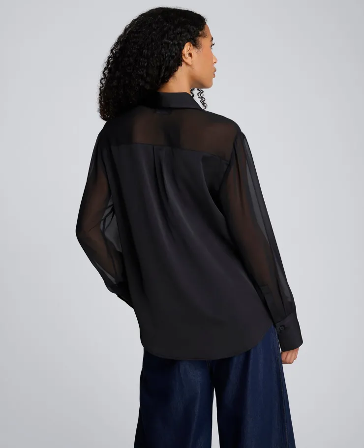 Long Sleeve Button Front Sheer Detail Woven Shirt>Kenneth Cole New