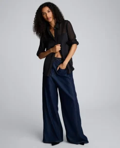 Long Sleeve Button Front Sheer Detail Woven Shirt><noscript><img width=