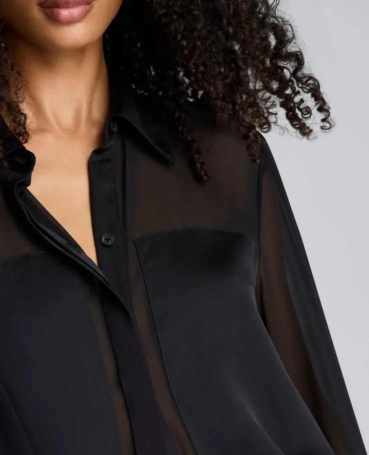 Long Sleeve Button Front Sheer Detail Woven Shirt>Kenneth Cole New