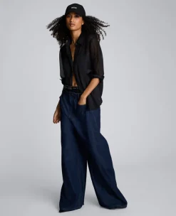 Long Sleeve Button Front Sheer Detail Woven Shirt><noscript><img width=