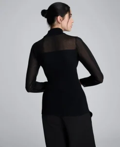 Long Sleeve Mockneck Sweater with Sheer Placket><noscript><img width=