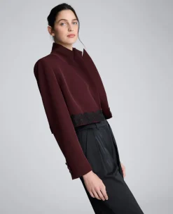 Luxe Twill Fitted Cropped Blazer With Lace Trim><noscript><img width=