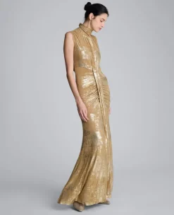 Metallic Foil Mesh Pleated Bodice Maxi Dress>Kenneth Cole Clearance